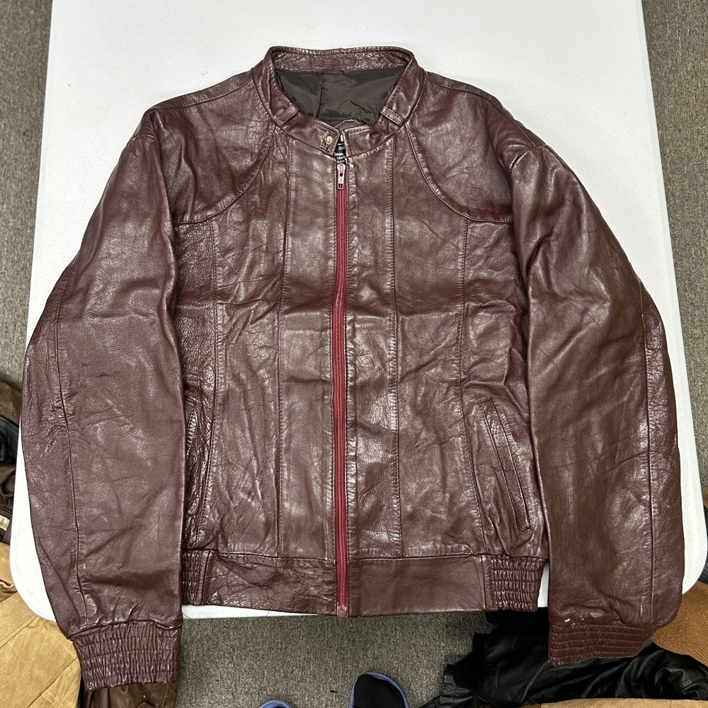 Originales Hnos. Solorzano Leather Bomber Jacket Mens 46 Burgundy Vintage Zip Up
